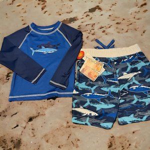 Big Chill Boy Swimsuit Set Trunks Rash Guard Shirt Blue Sharks UPF 50 Sz 4 NWT